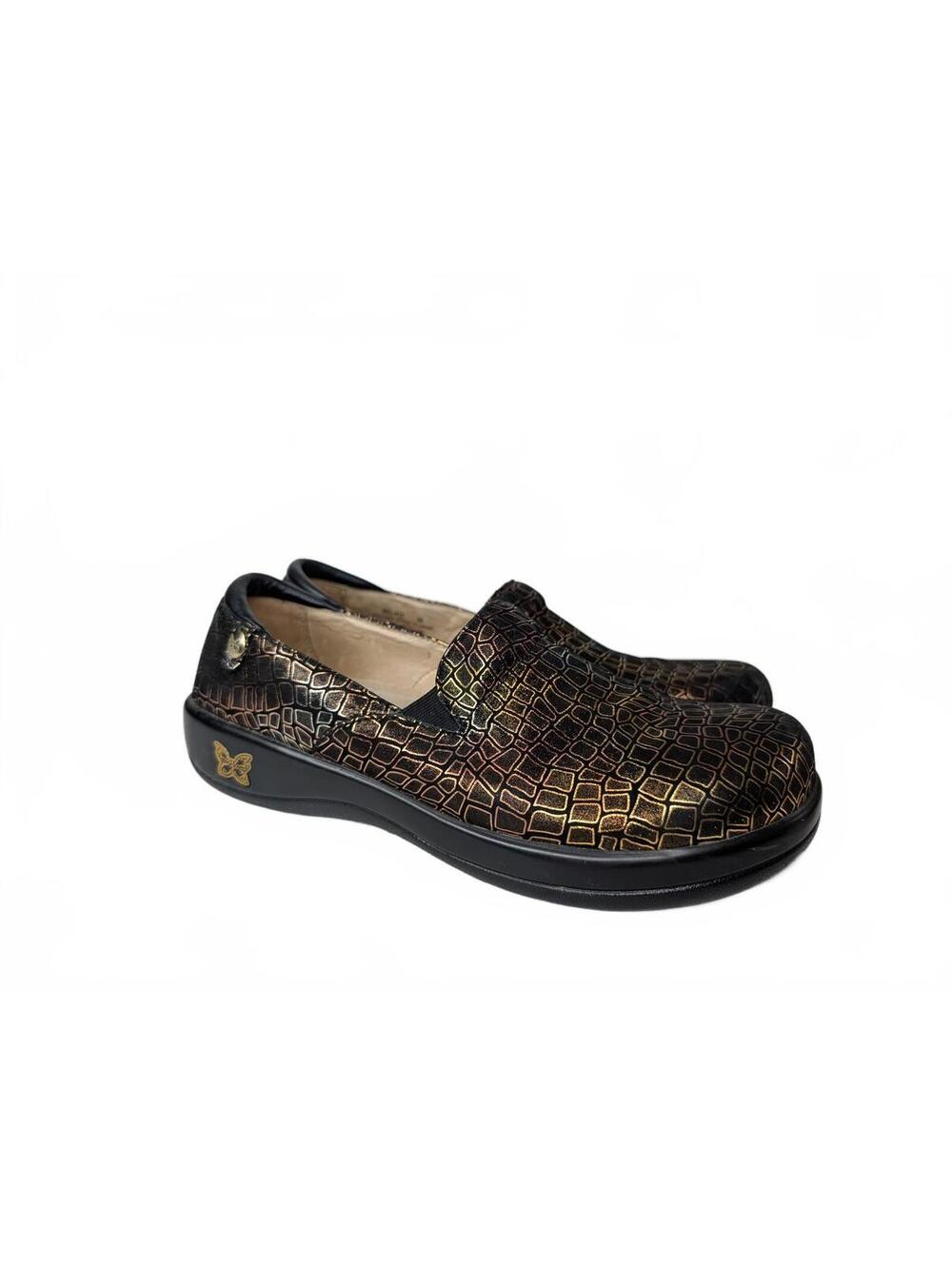 Alegria Keli Pro Women's Clogs in Metallic Black+Gold Giraffe Pattern Size 39